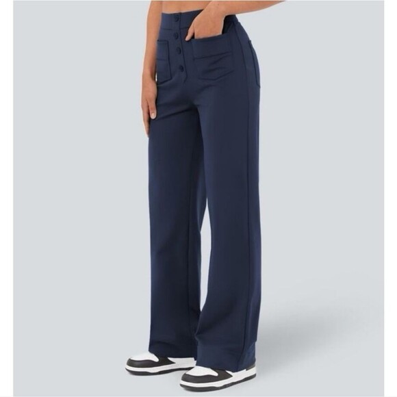 HALARA Pants - Halara High Waisted Button Pants Straight Wide Leg Navy Blue Women's Large